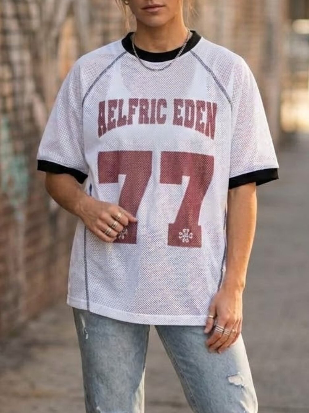 NWT Aelfric Eden Boxy Mesh 77 Jersey Tee White Small Streetwear Y2K Blockette